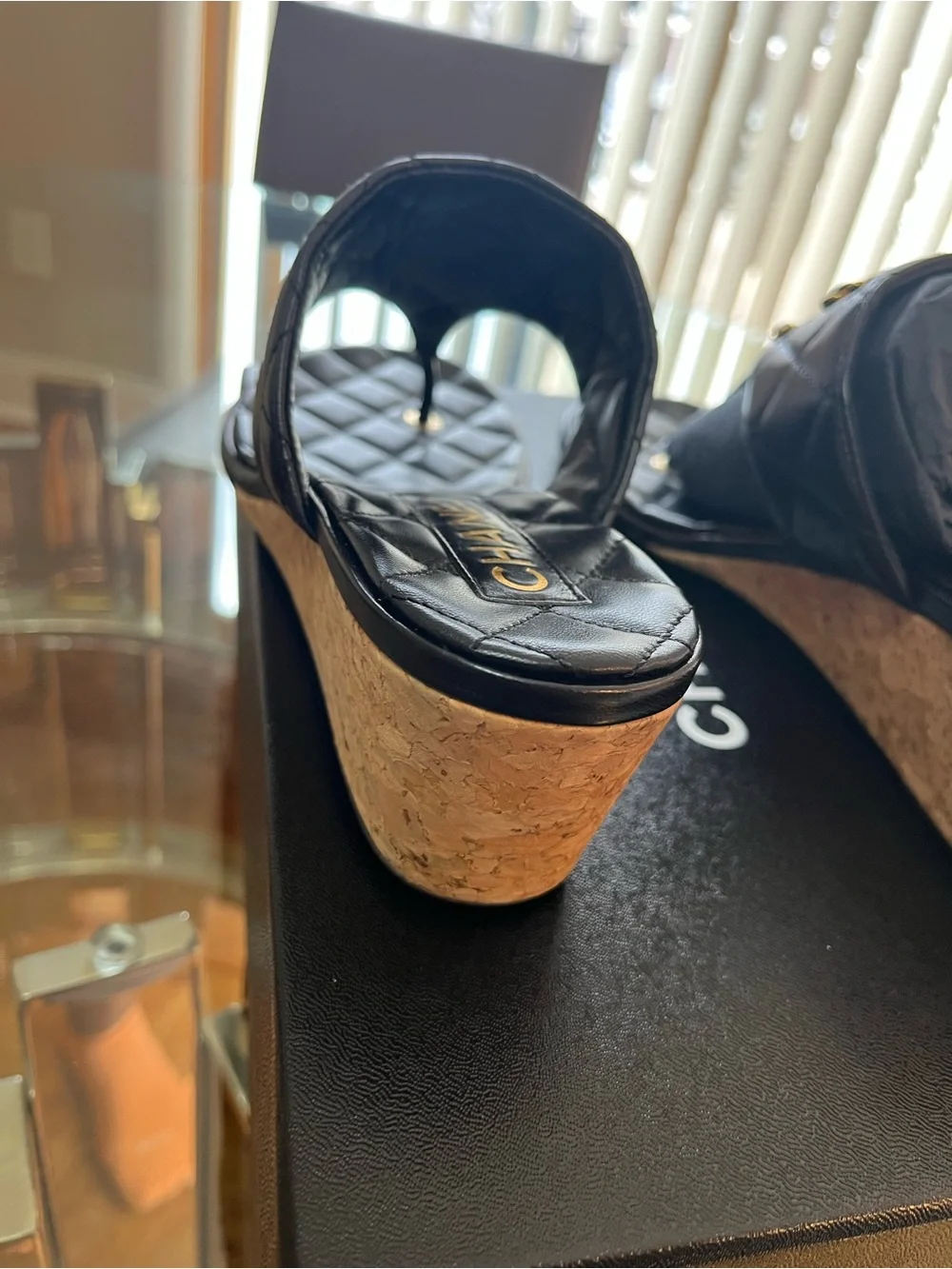 CHANEL Black Quilted Leather Thong Sandals with Gold Chain CC